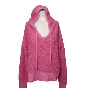 POL Chunky Popcorn Knit Hi Lo Hooded Sweater Size L Pink Relaxed Cozy
